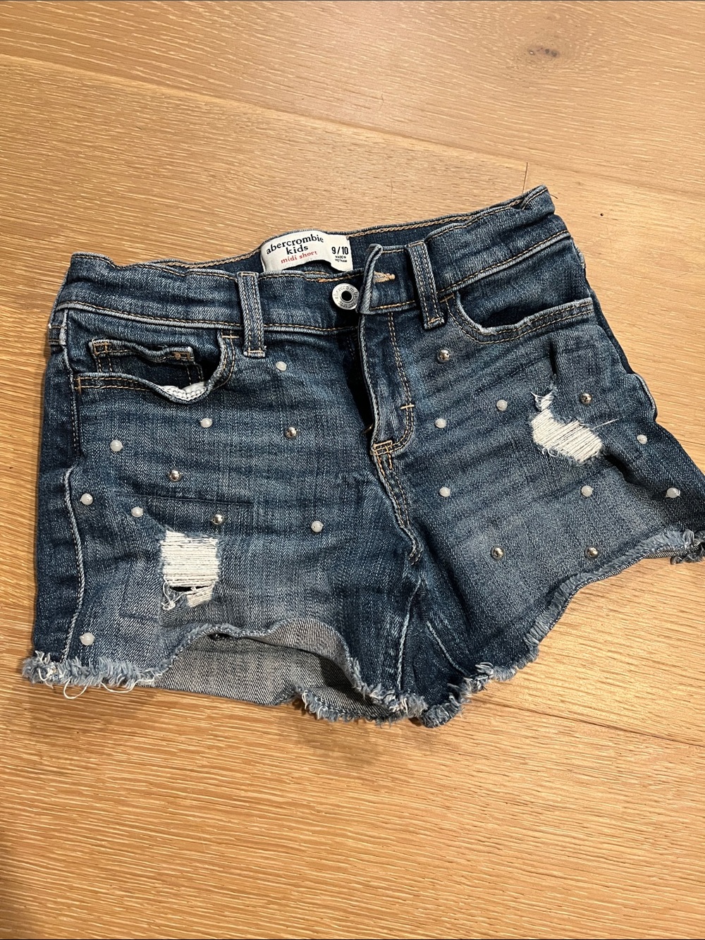 abercrombie kids blue distressed denim shorts with studs